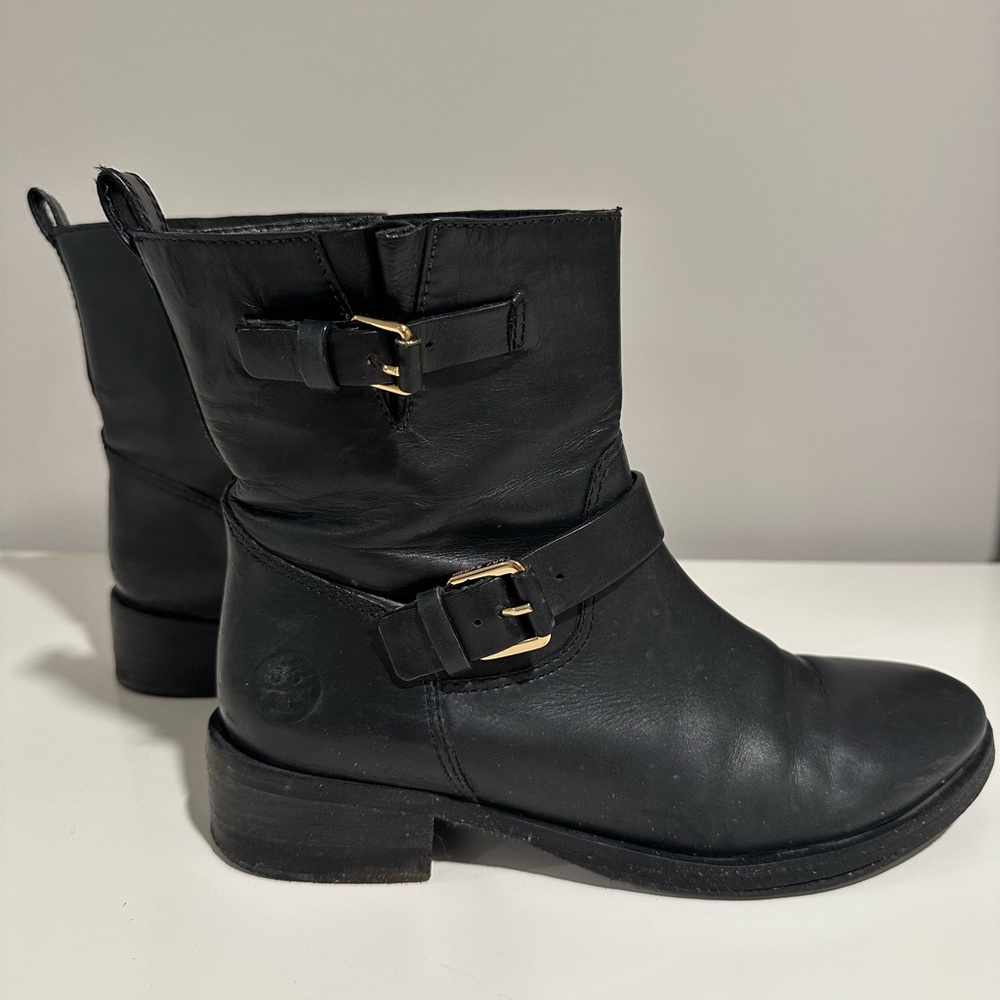 Tory Burch Black Combat Moto Boots with Buckle Straps